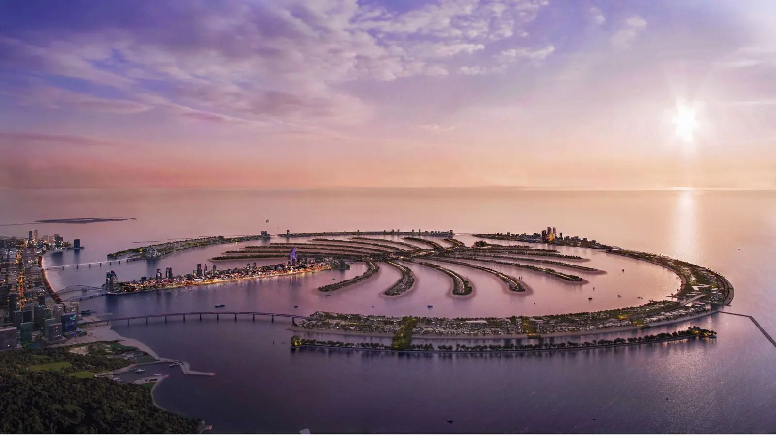Palm Jebel Ali island at dusk — Nakheel masterplan render