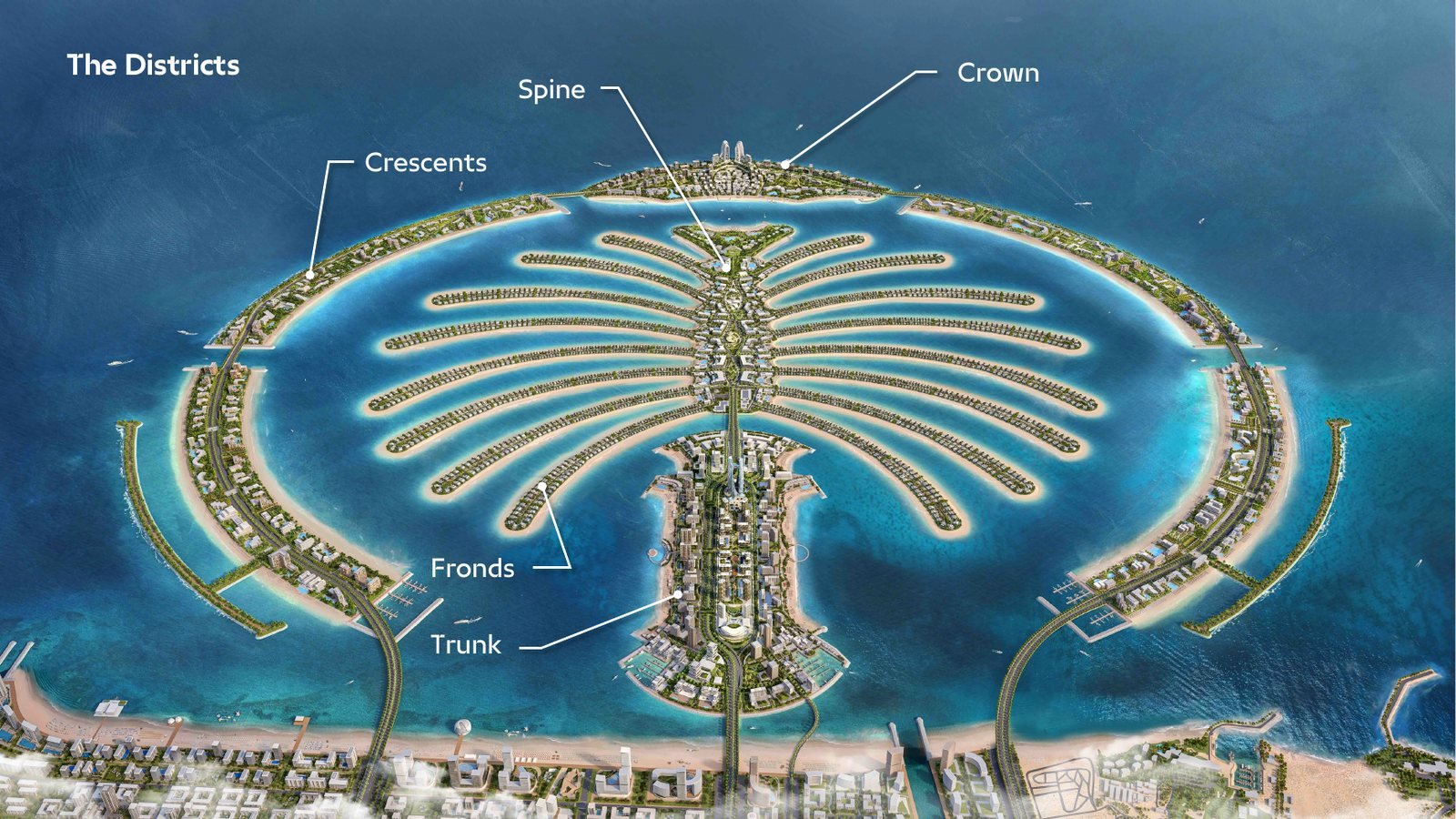 Palm Jebel Ali districts map: Fronds, Spine, Trunk, Crown, Crescents
